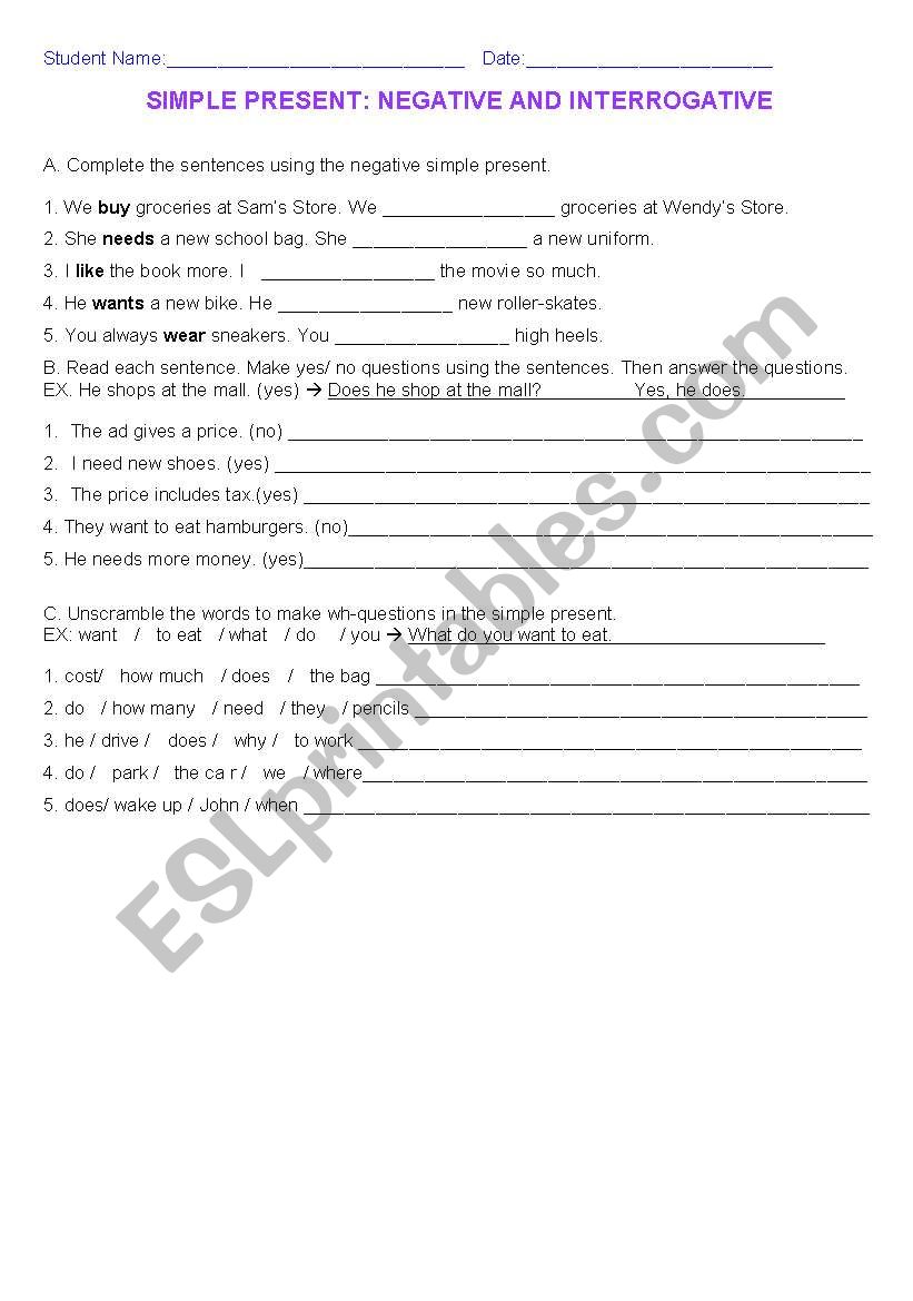 Simple present negative and interrogative