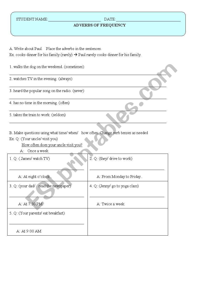 adverbs of frequency worksheet