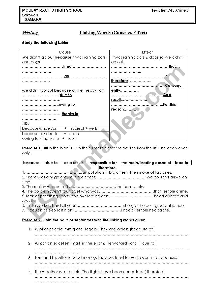 cause & effect linking words worksheet