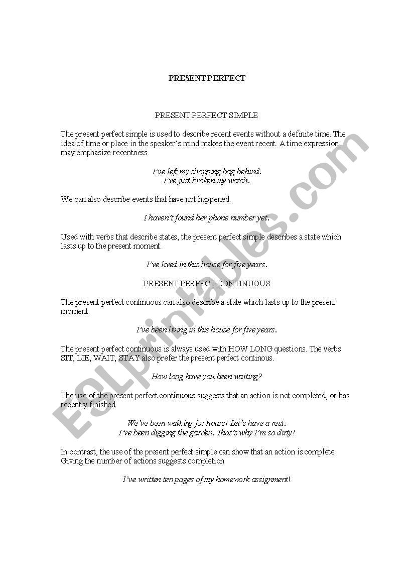 Present Perfect Tense worksheet