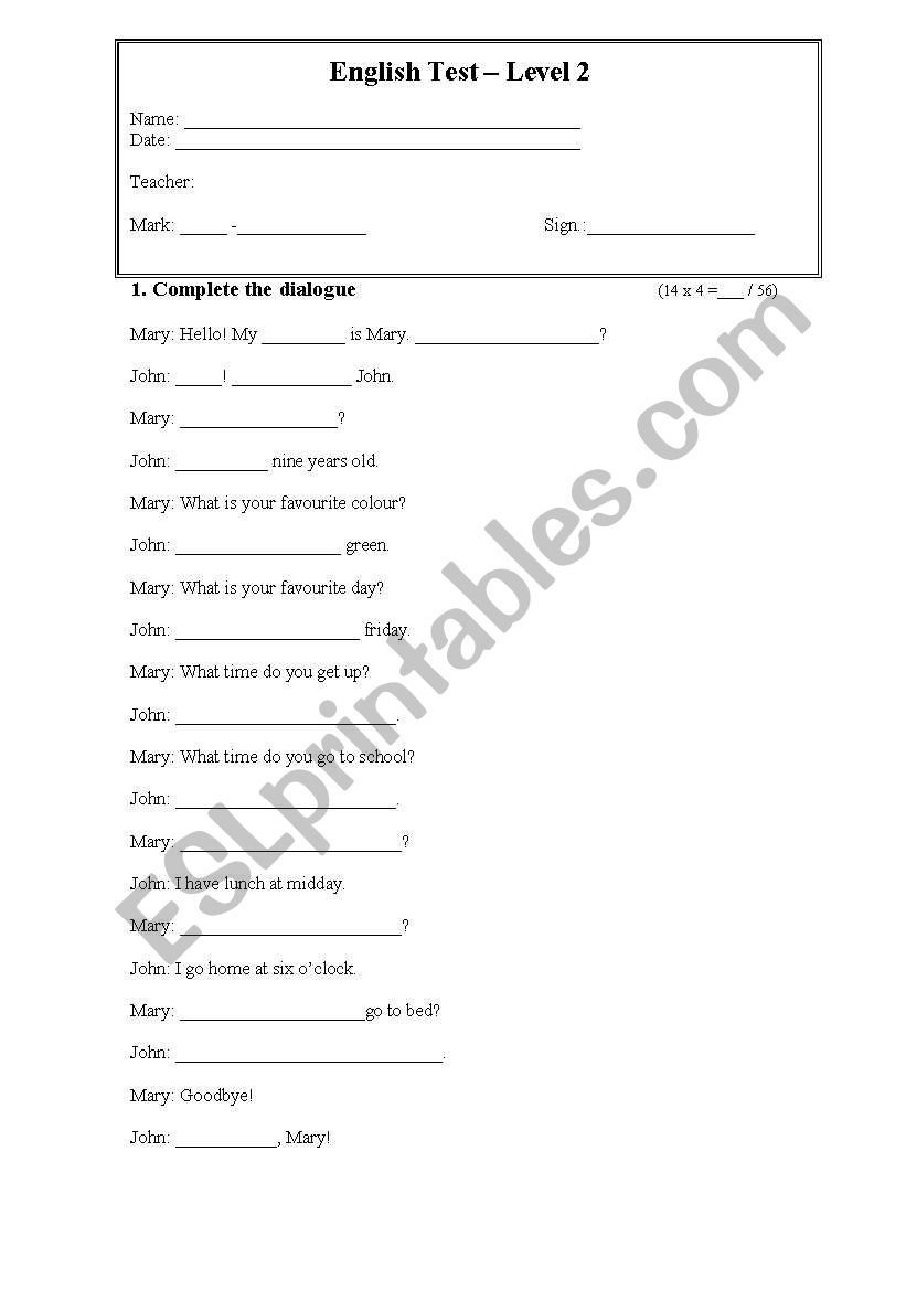 english test worksheet