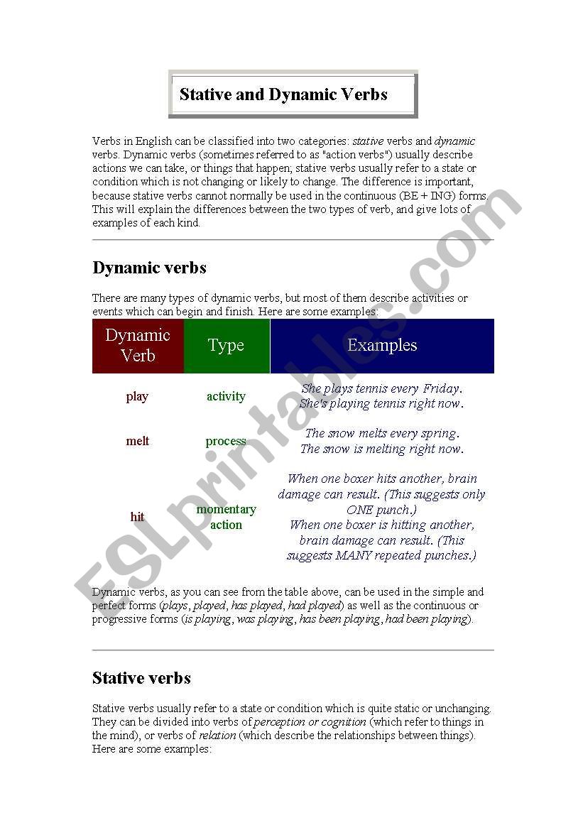 stative and dynamic verbs worksheet