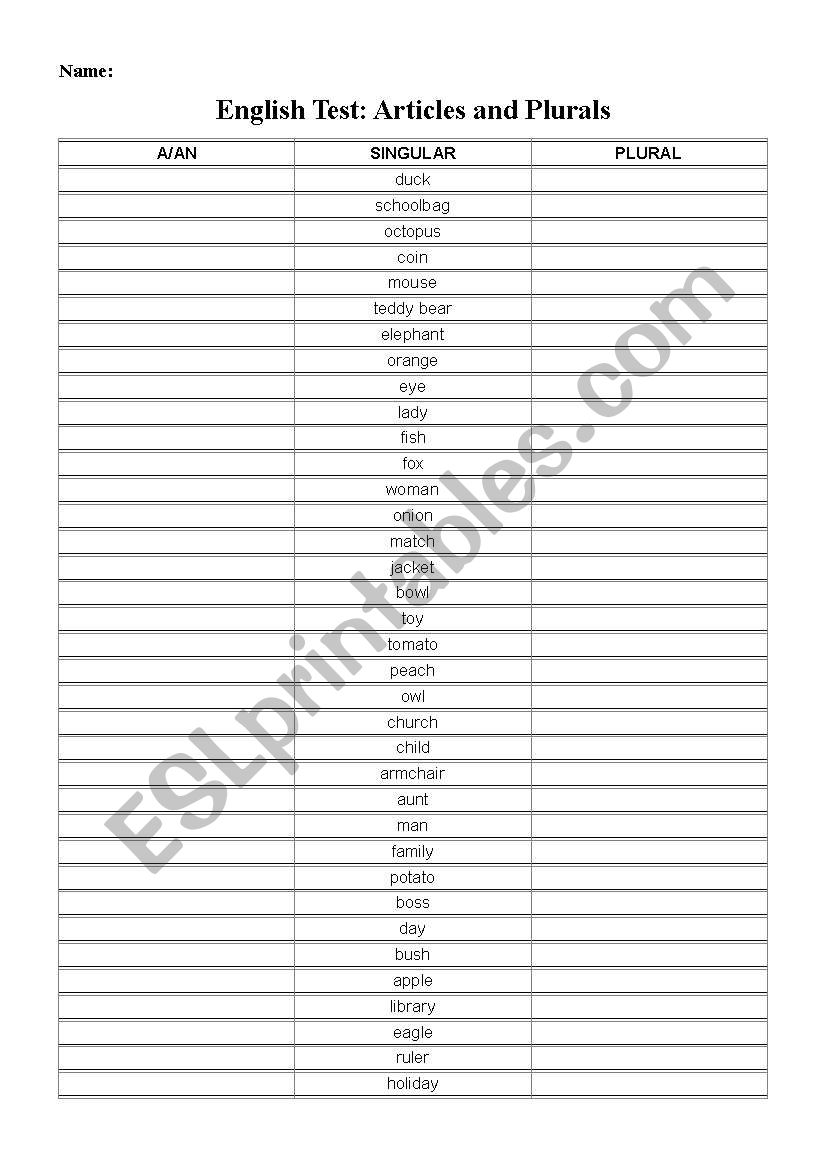 Plurals and Articles worksheet