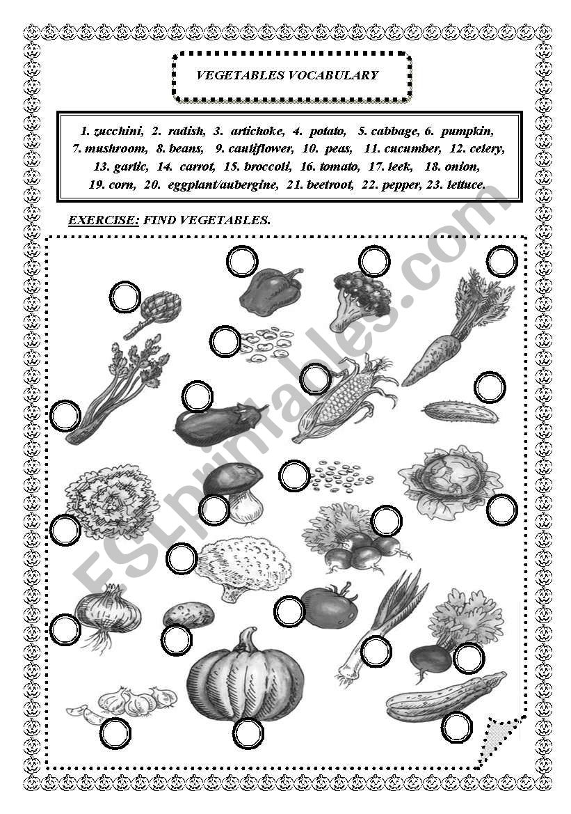 VEGETABLES B/W worksheet