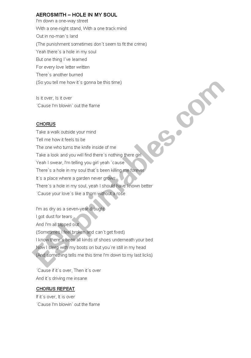 Song - Hole in my Soul worksheet