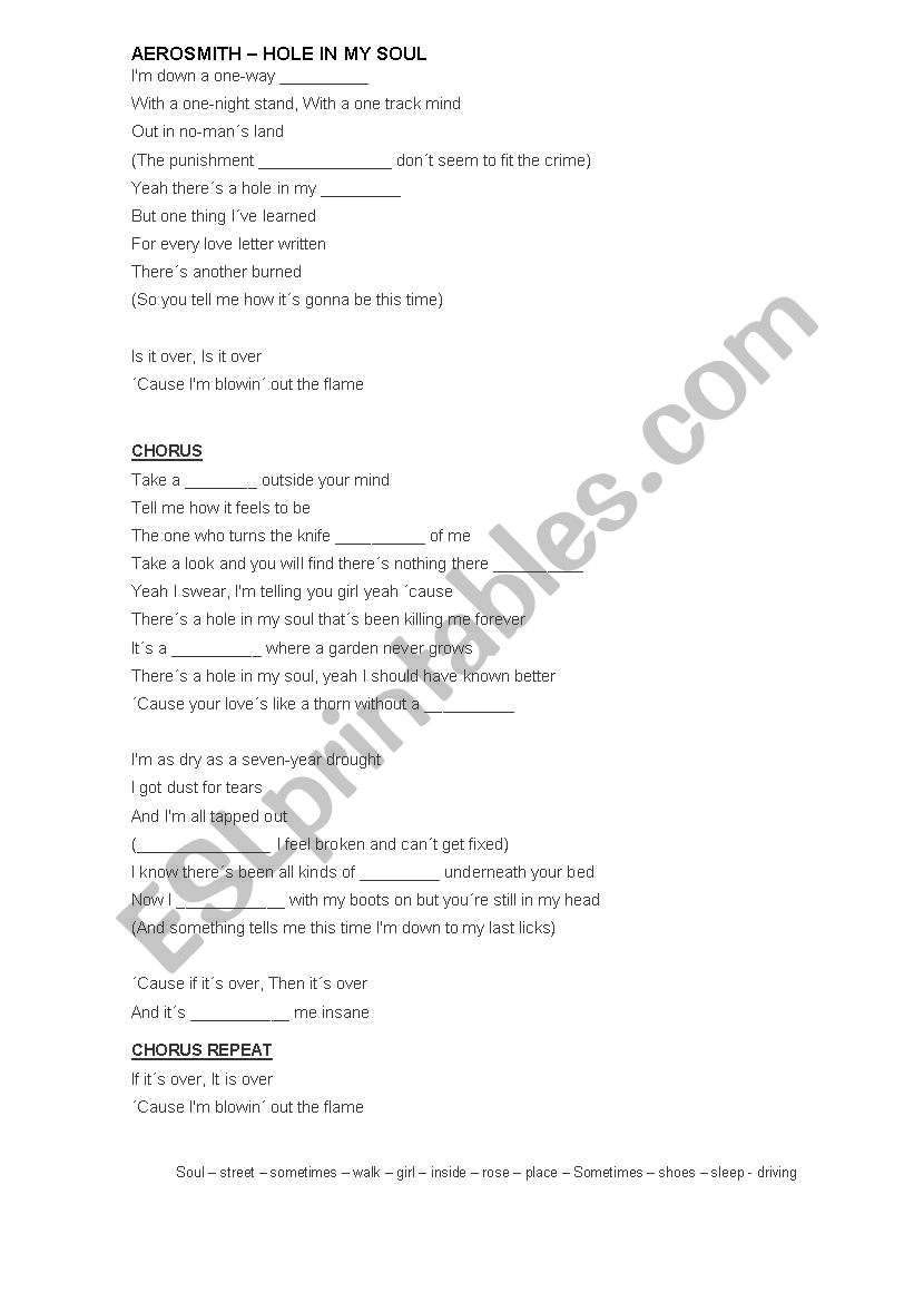 Song - Hole In My Soul worksheet