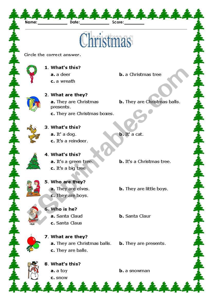 Christmas test worksheet