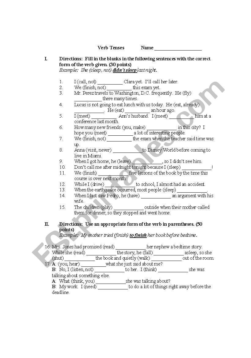 verb tenses worksheet