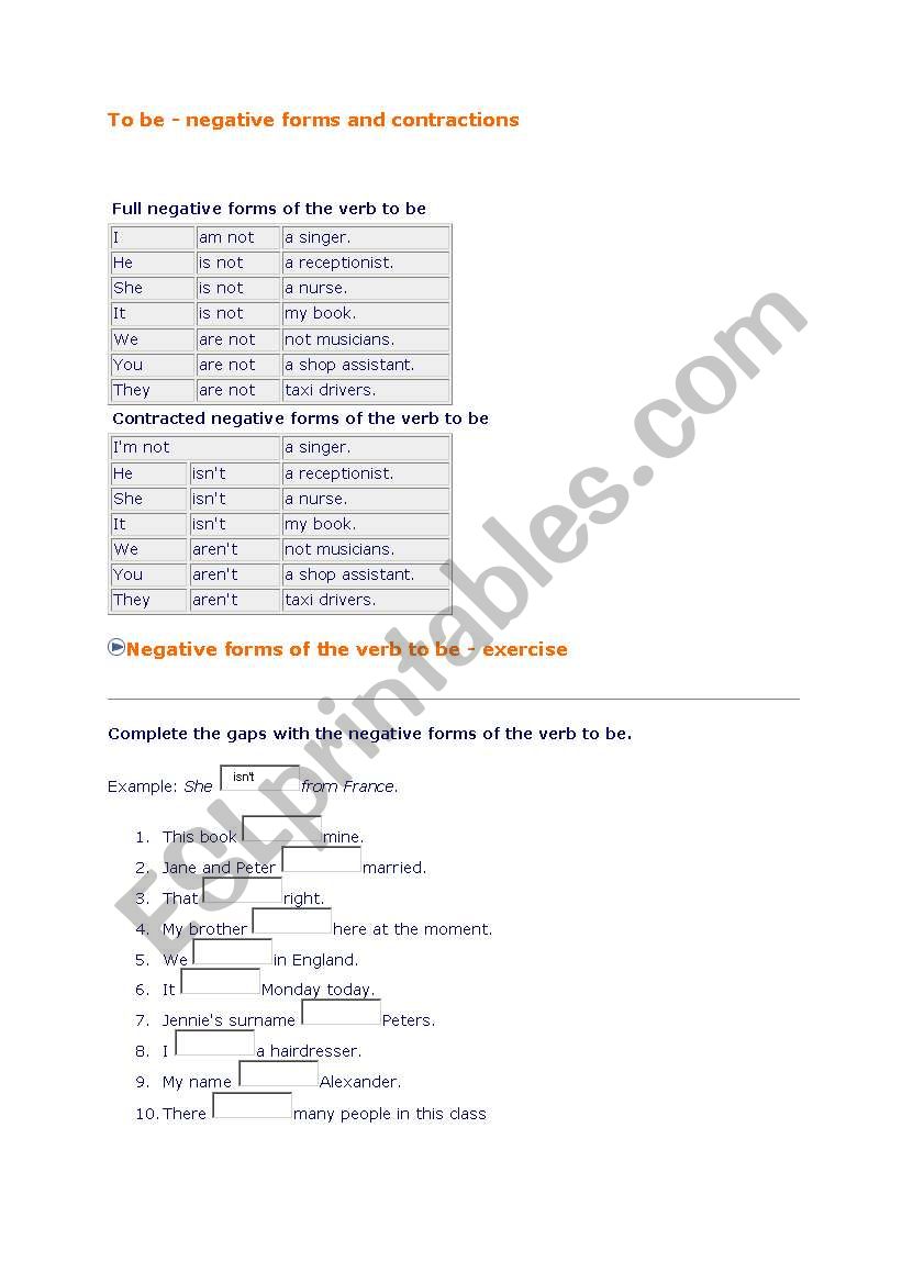 verb to be negative worksheet