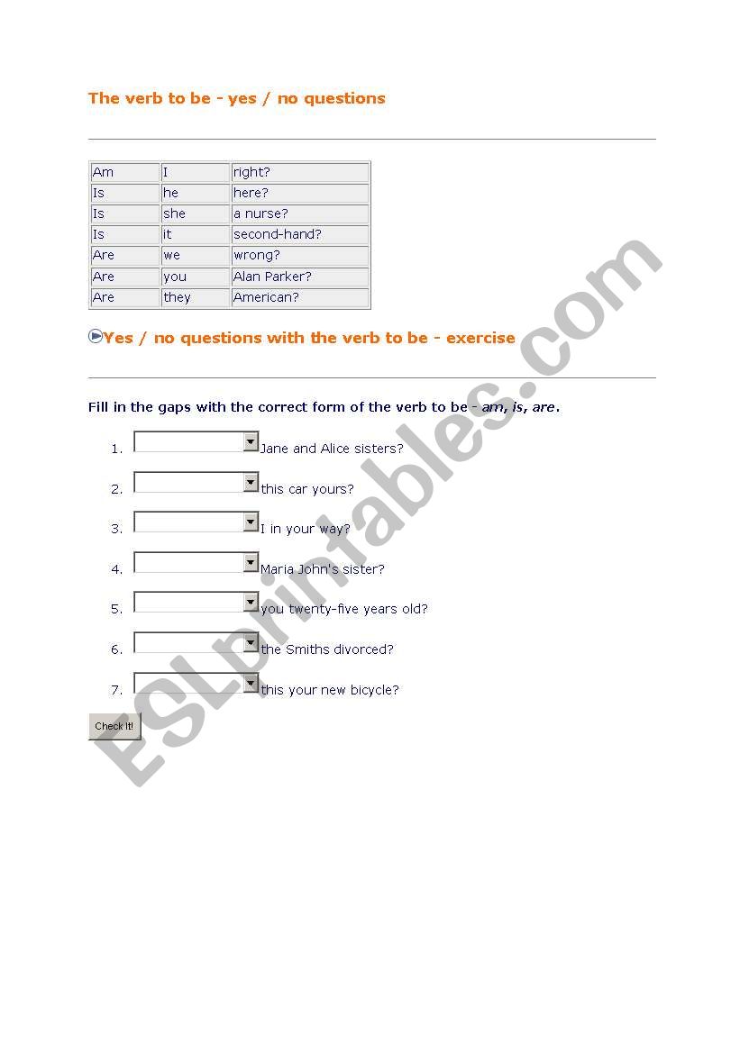 verb to be question form worksheet