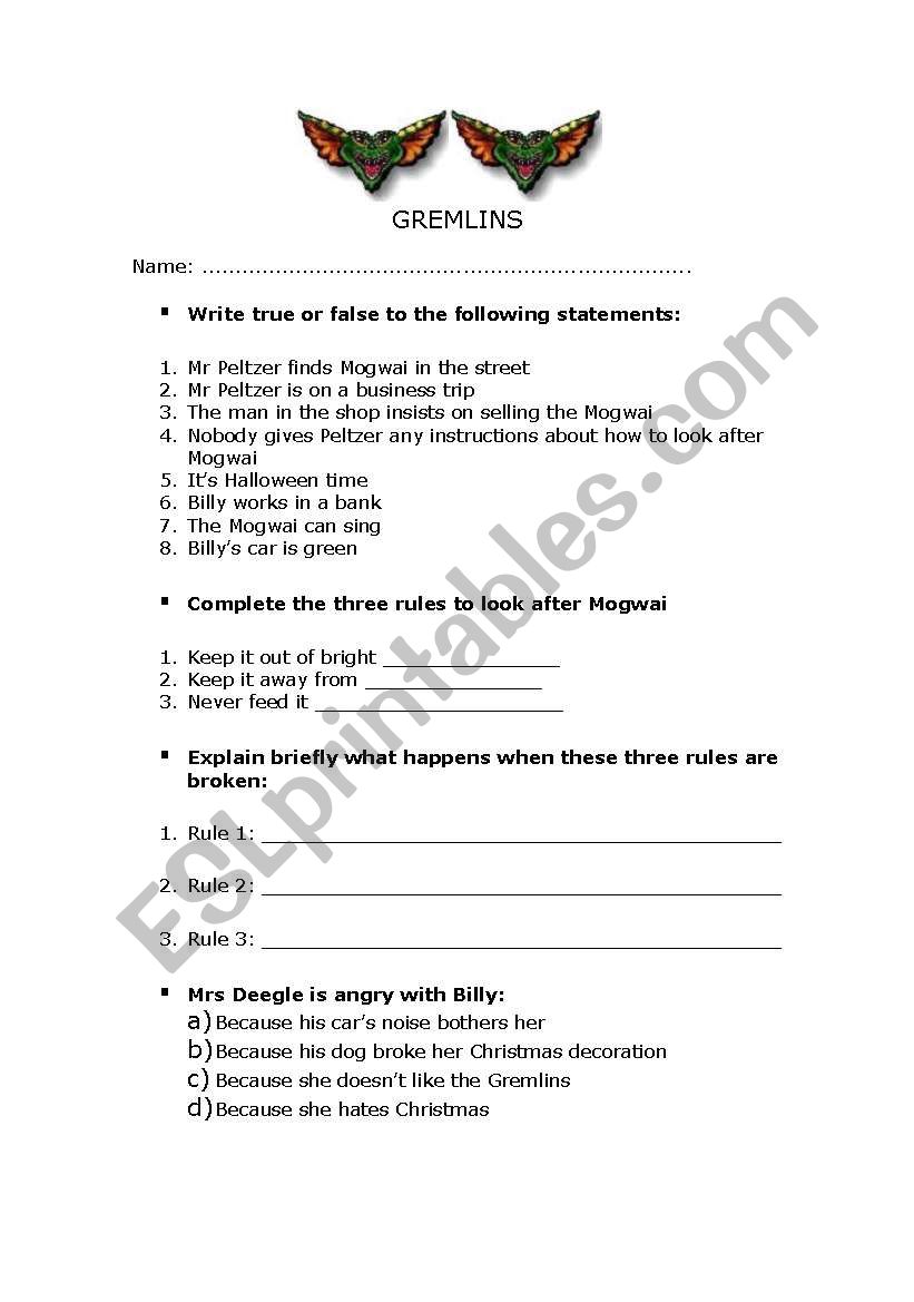 Gremlins worksheet