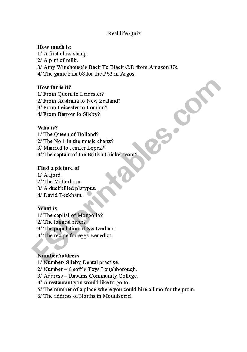 Real life quiz worksheet