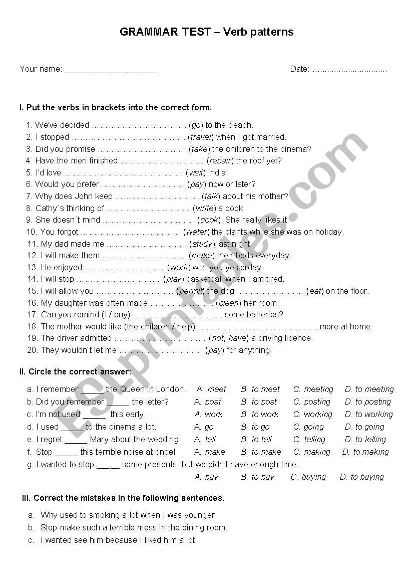 Test on verb patterns worksheet