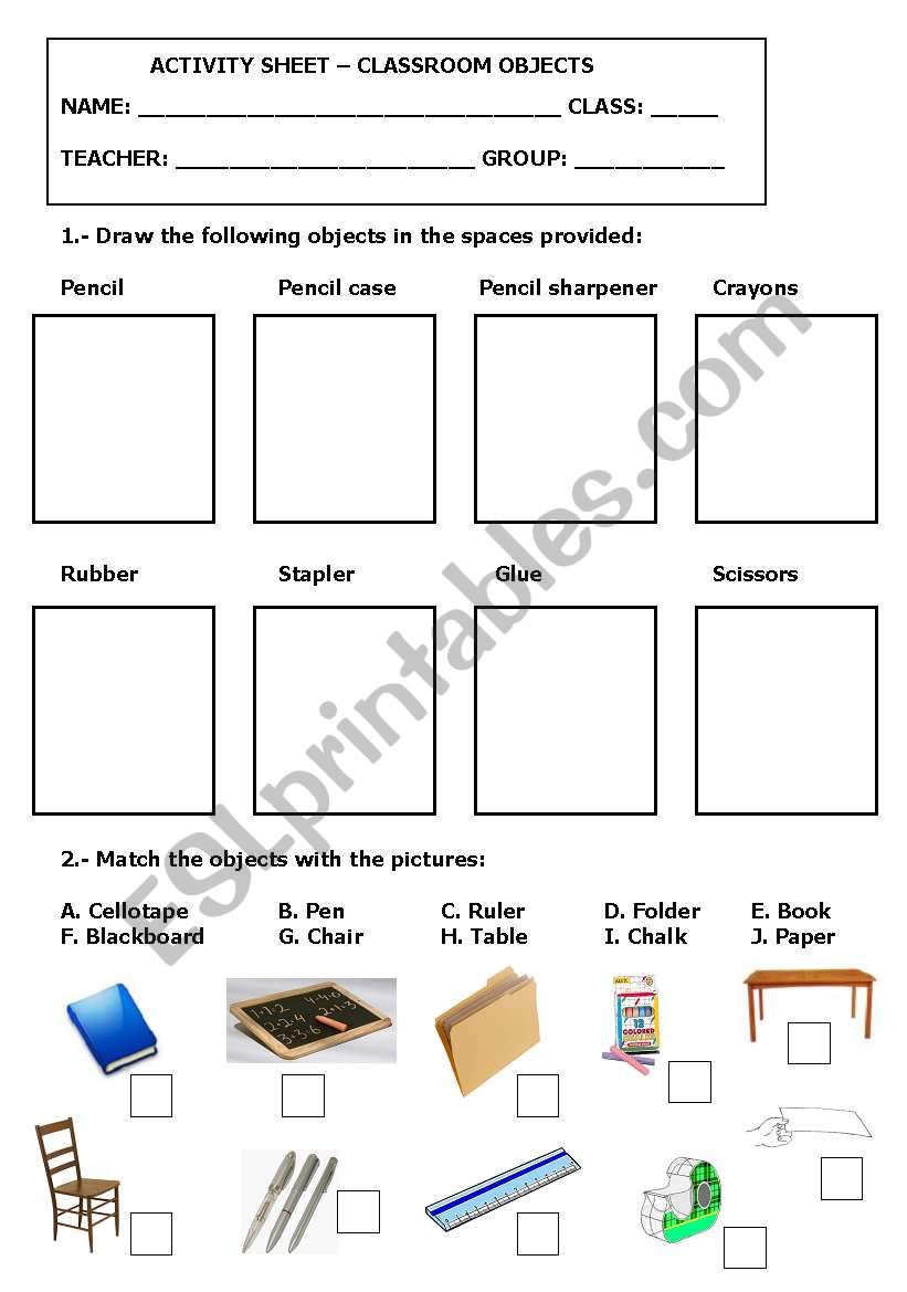 Classroom objects worksheet