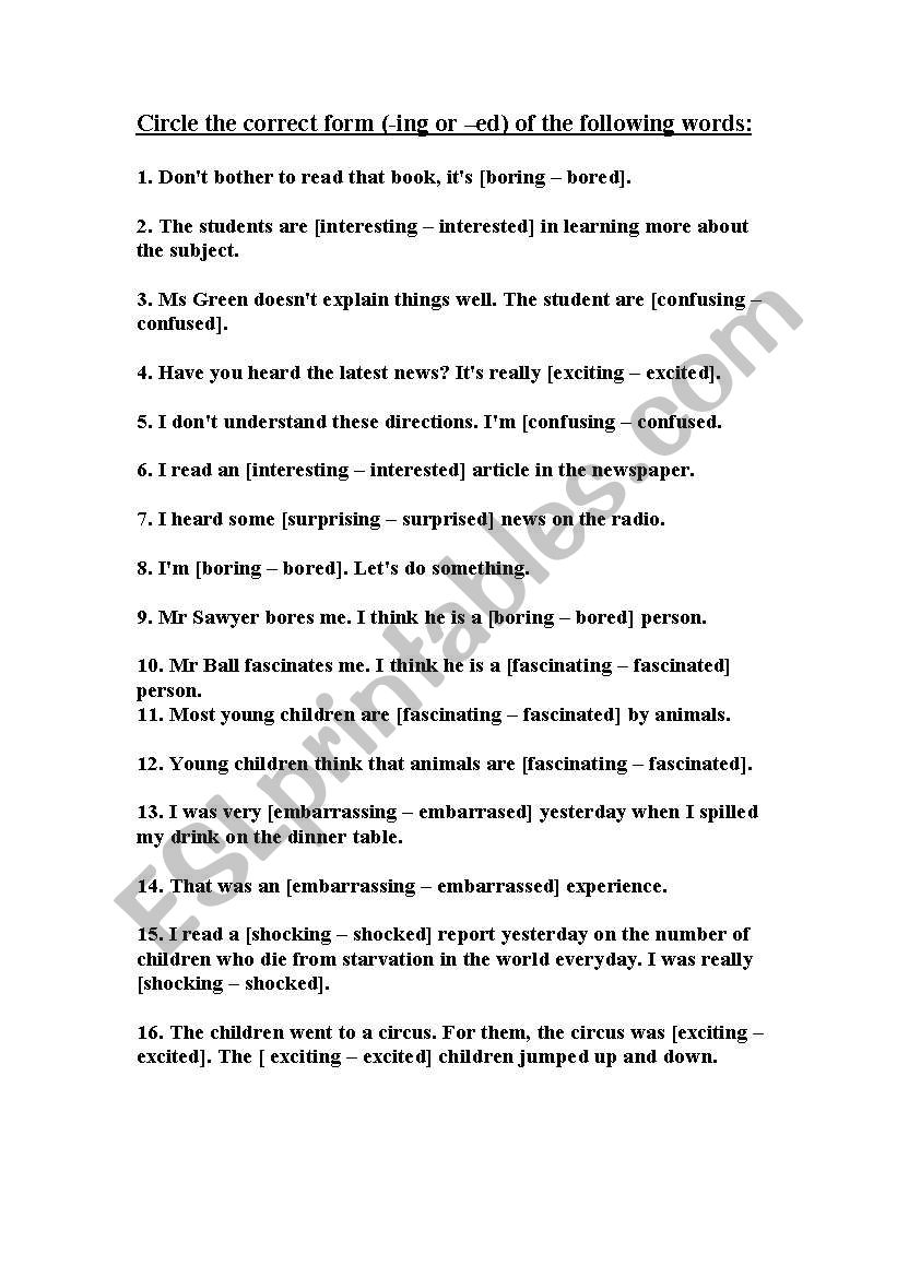 adjectives with -ed and -ing worksheet