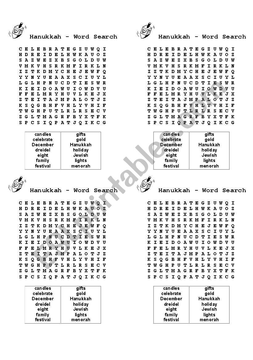 Hanukka word search worksheet