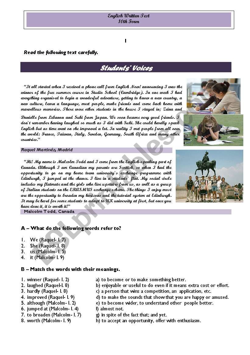 Test - summer courses worksheet