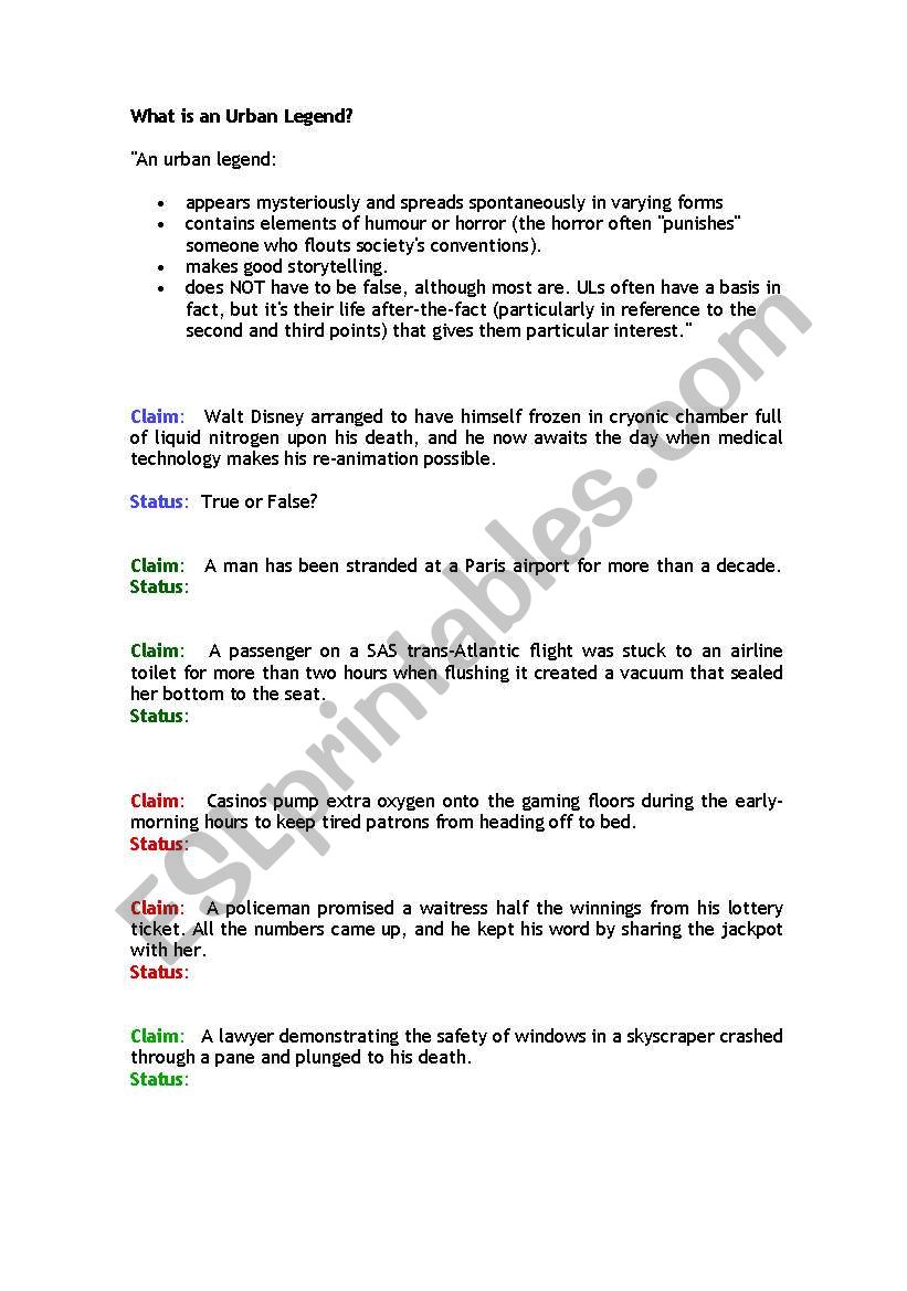 Urban Legends worksheet