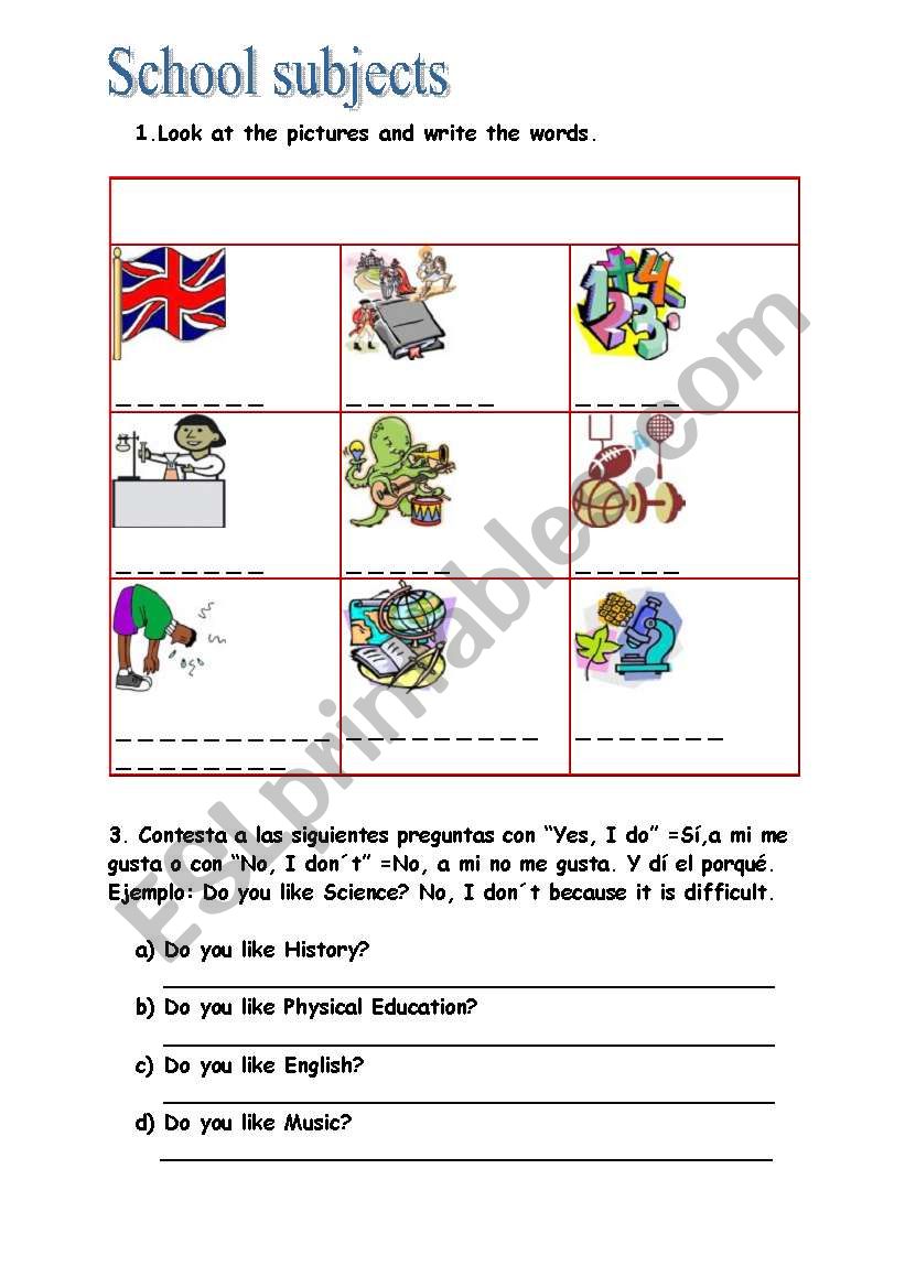 school subjects worksheet