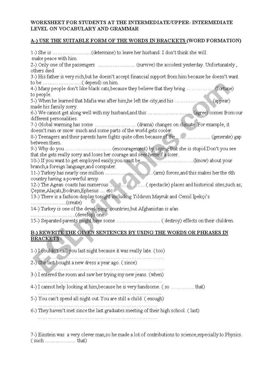 WORKSHEET ON GRAMMAR AND GENERAL VOCABULARY FOR INTERMEDIATE/UPPER-INTERMEDIATE LEVEL