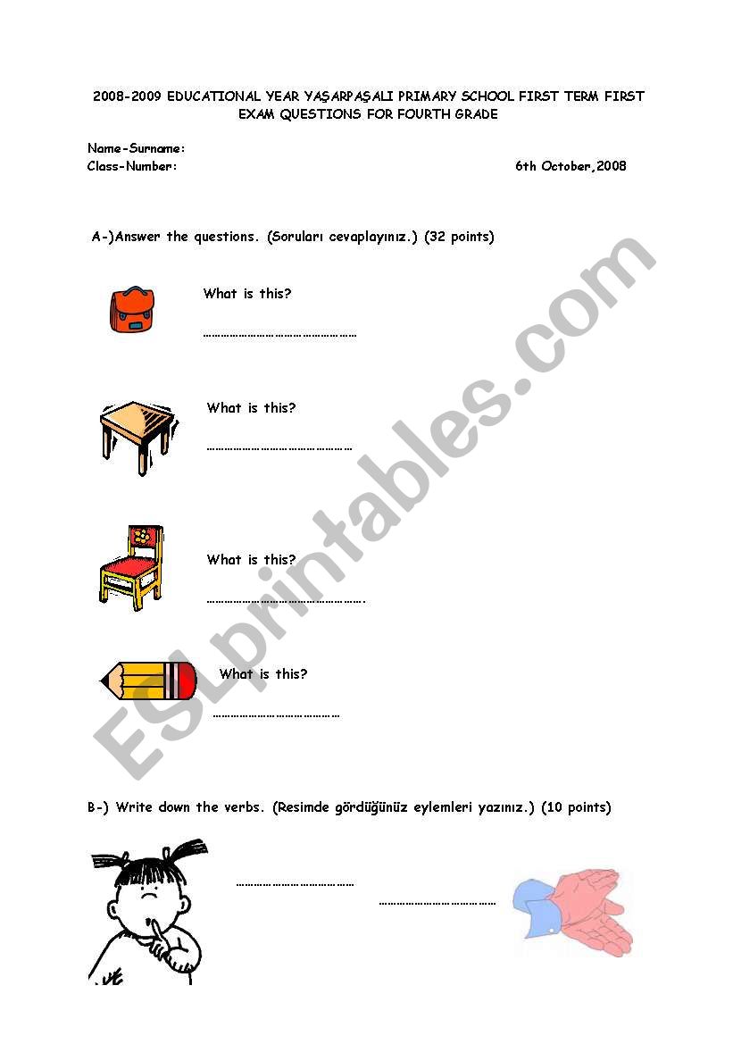 exam for 4th grades worksheet