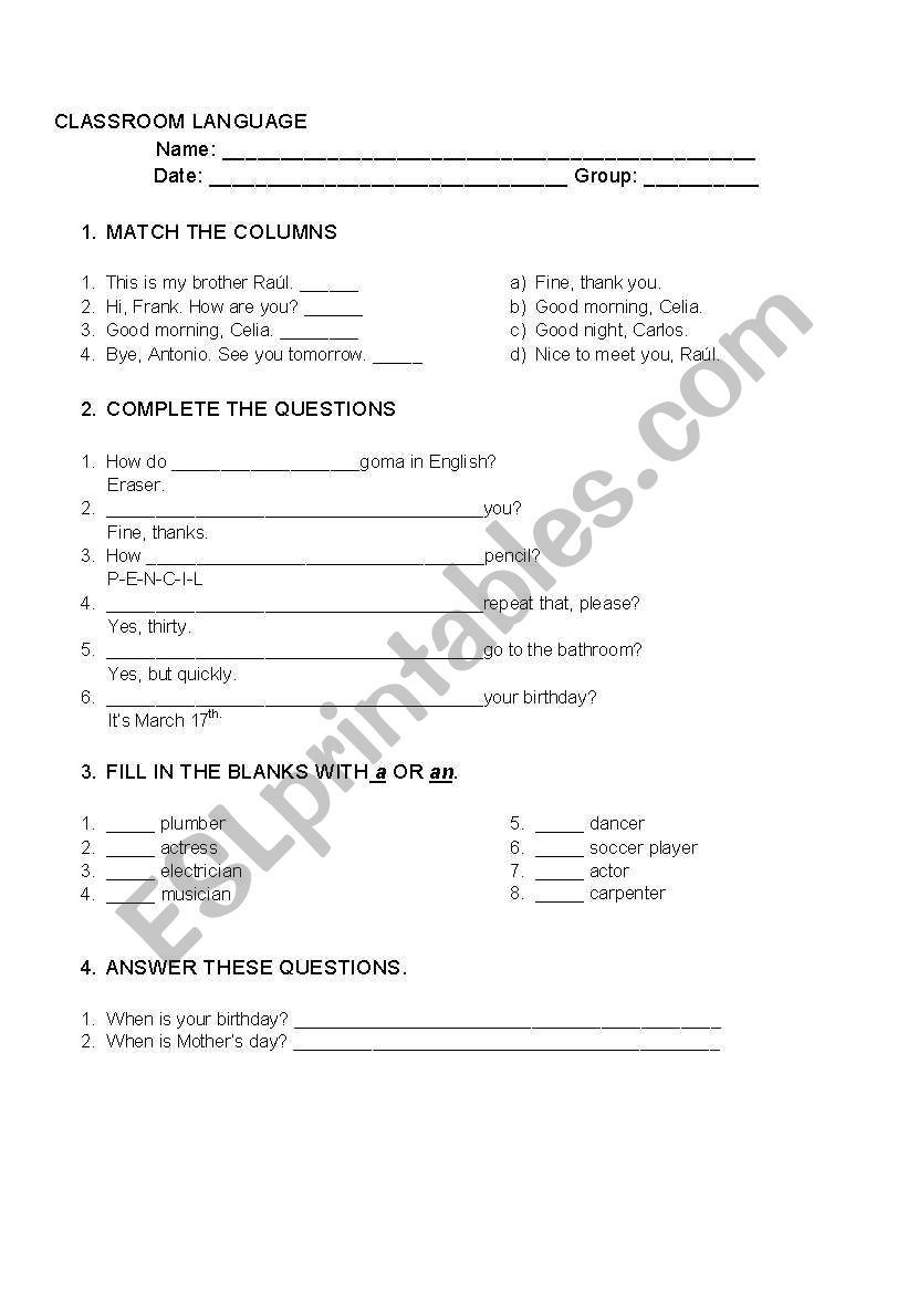 CLASSROOM LANGUAGE AND INSTRUCTIONS