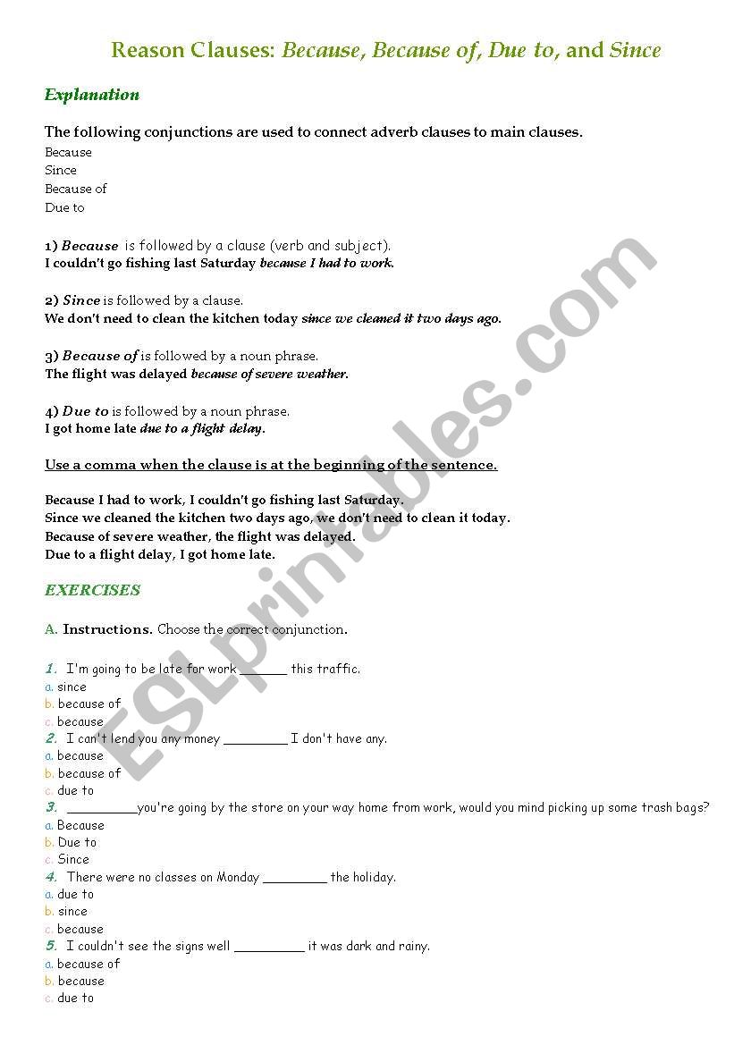 reason clauses worksheet worksheet