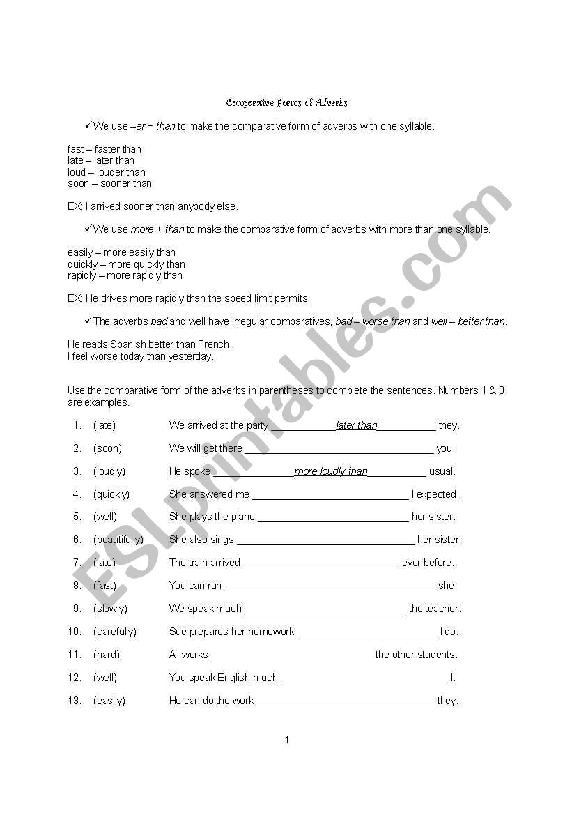 Comparative Forms of Adverbs worksheet