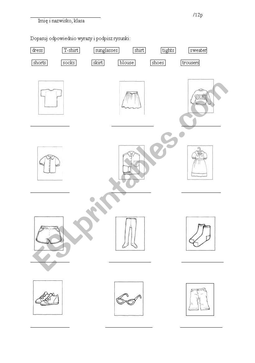 clothes- test worksheet