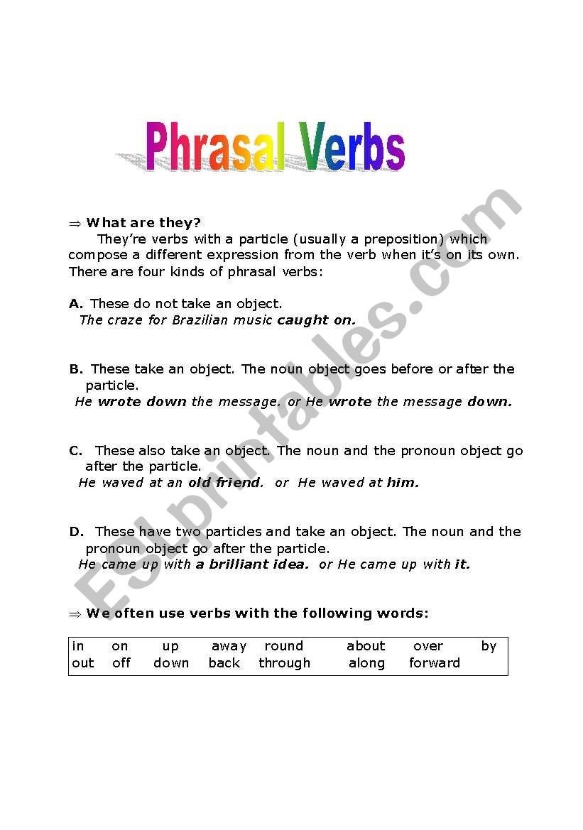 Phrasal verbs explanation worksheet