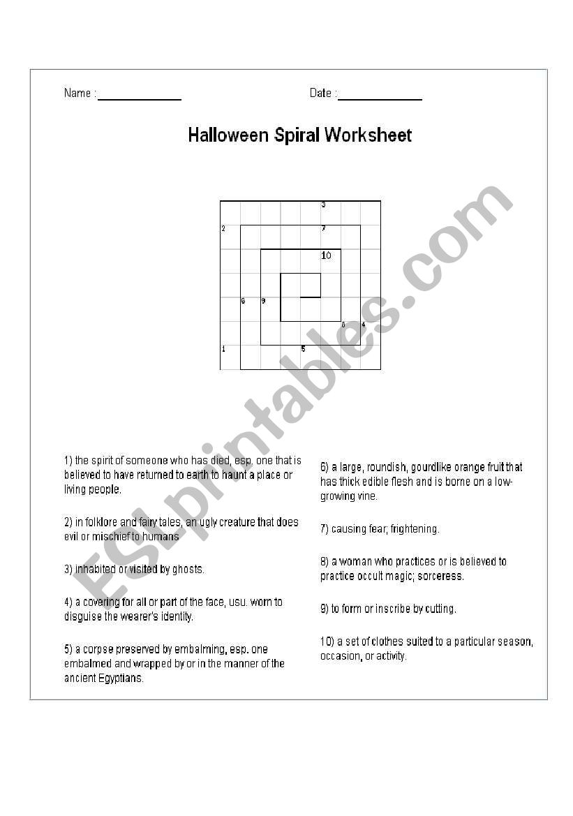 Halloween spiral crossword puzzle
