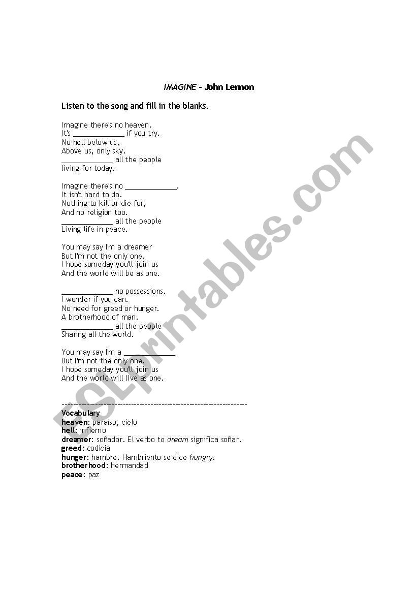 Imagine, by John Lennon worksheet