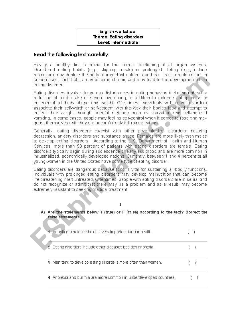 Health - eating problems worksheet