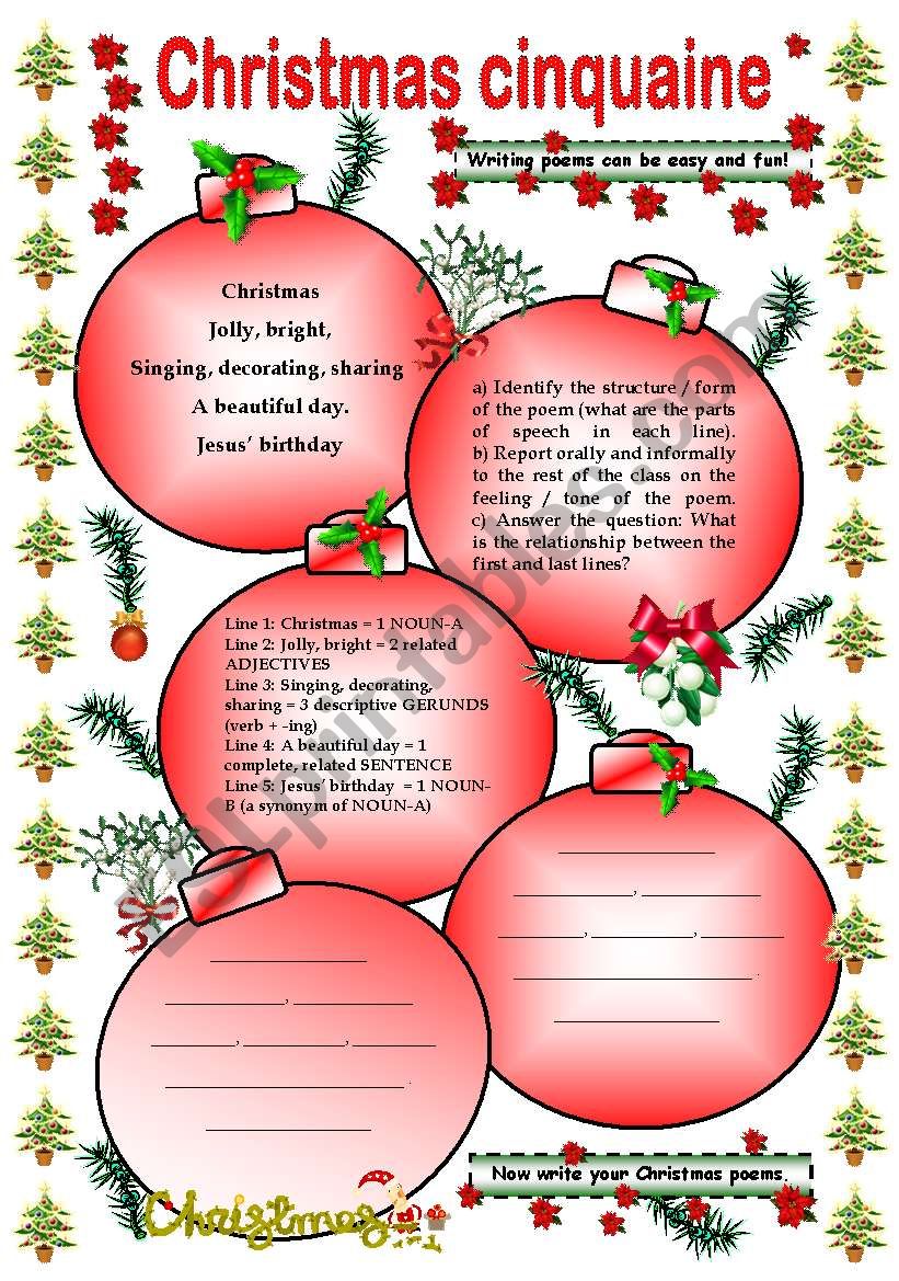 Christmas Cinquain (creative writing) - ESL worksheet by gabitza