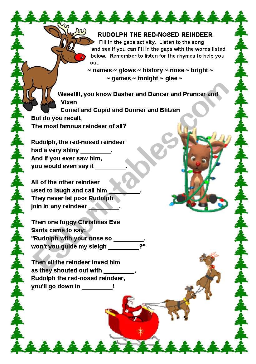 Rudolph the Red-nosed Reindeer Song - ESL worksheet by Vickiii.