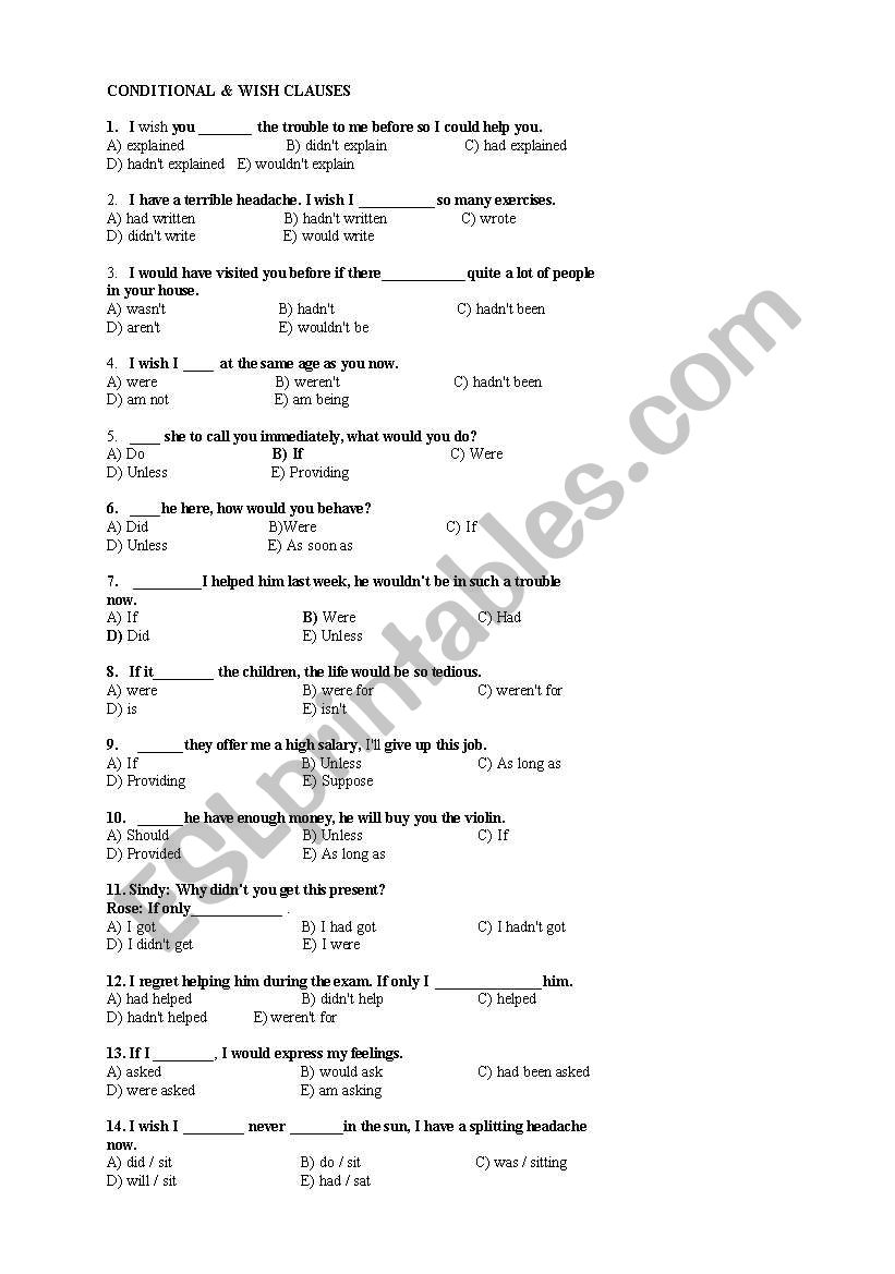 conditional and wish clauses worksheet