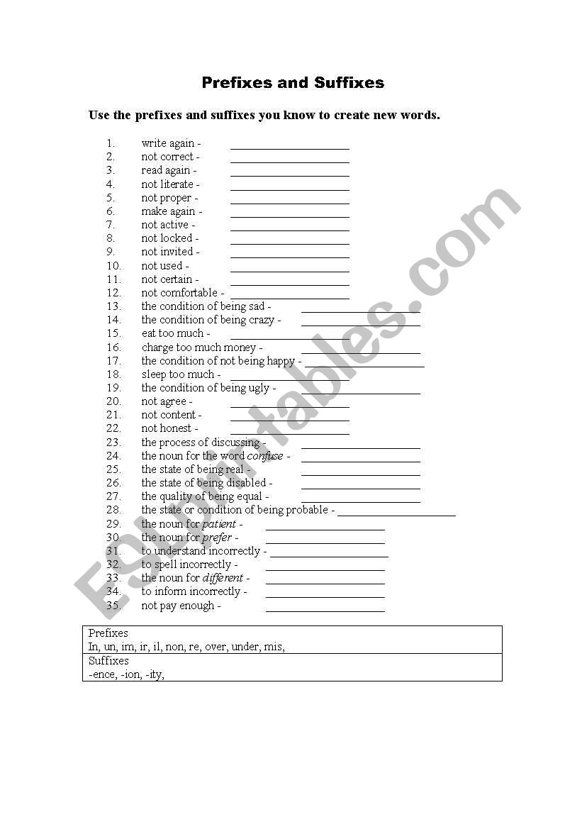 Prefixes and Suffixes worksheet