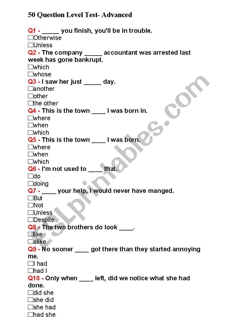 test advance worksheet