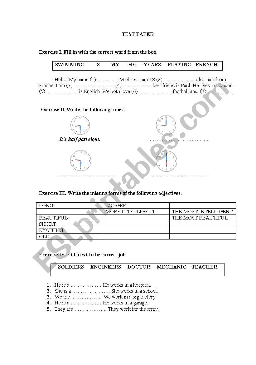 TEST PAPER - 5TH GRADE worksheet