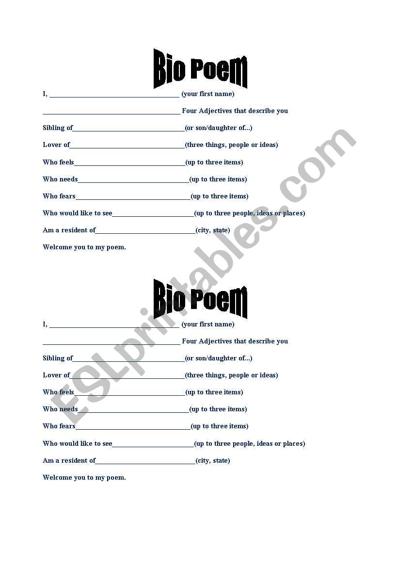 Bio Poem worksheet