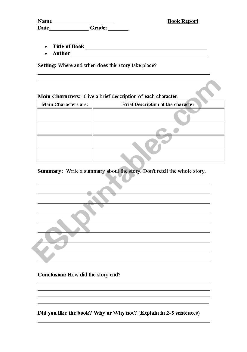 Book Report Handout worksheet