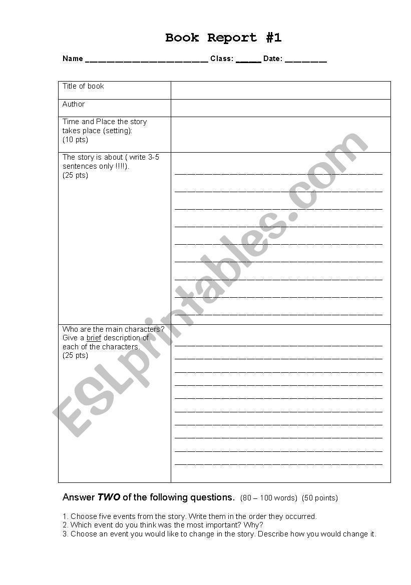 Book Report  worksheet