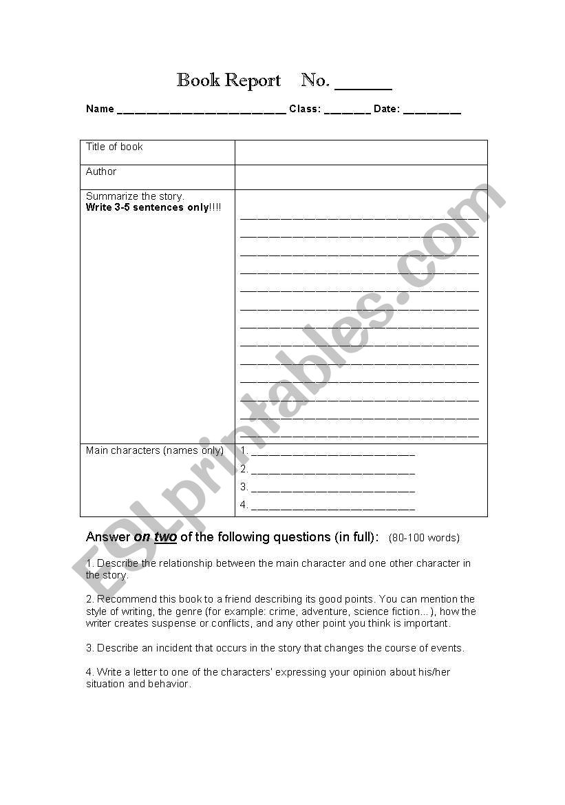 Book Report  worksheet