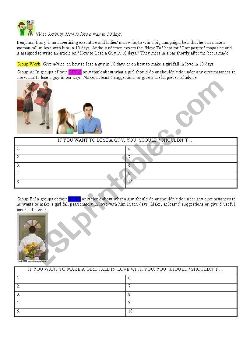 How to lose or make someone fall in love in ten days! Speaking activity.