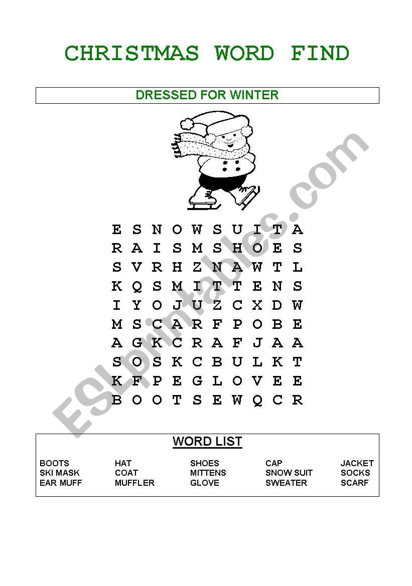 Christmas word find worksheet