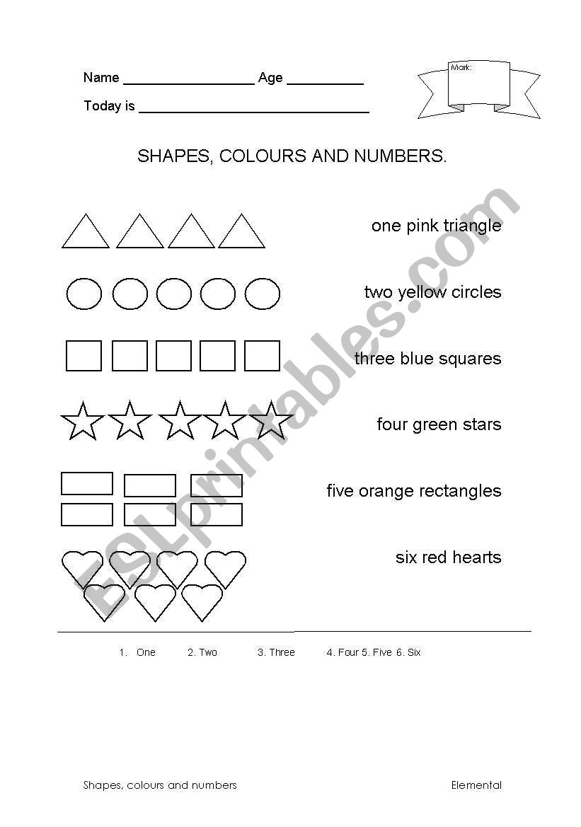 Shapes, colours and numbers worksheet