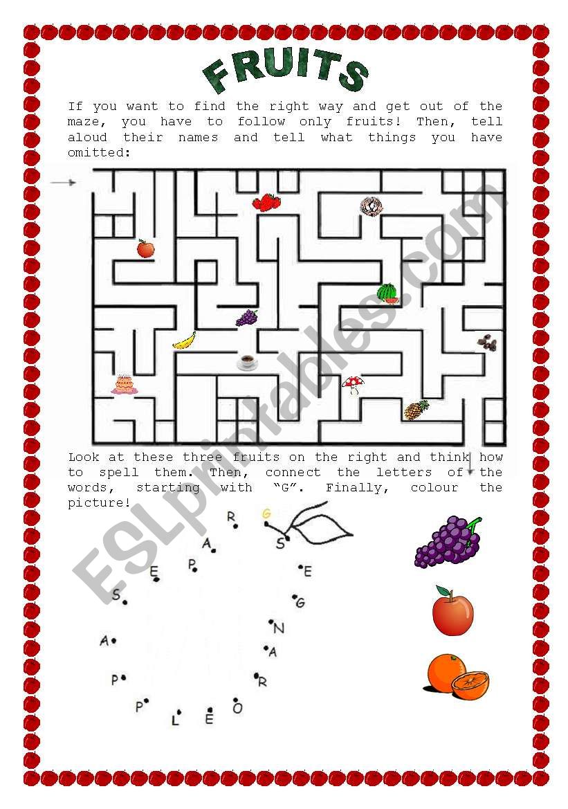 fruits: a maze and dot-to-dot worksheet
