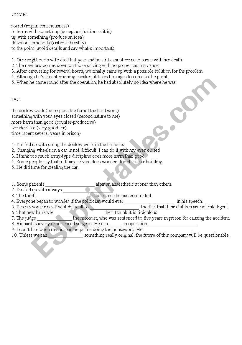 Idioms with do and come worksheet