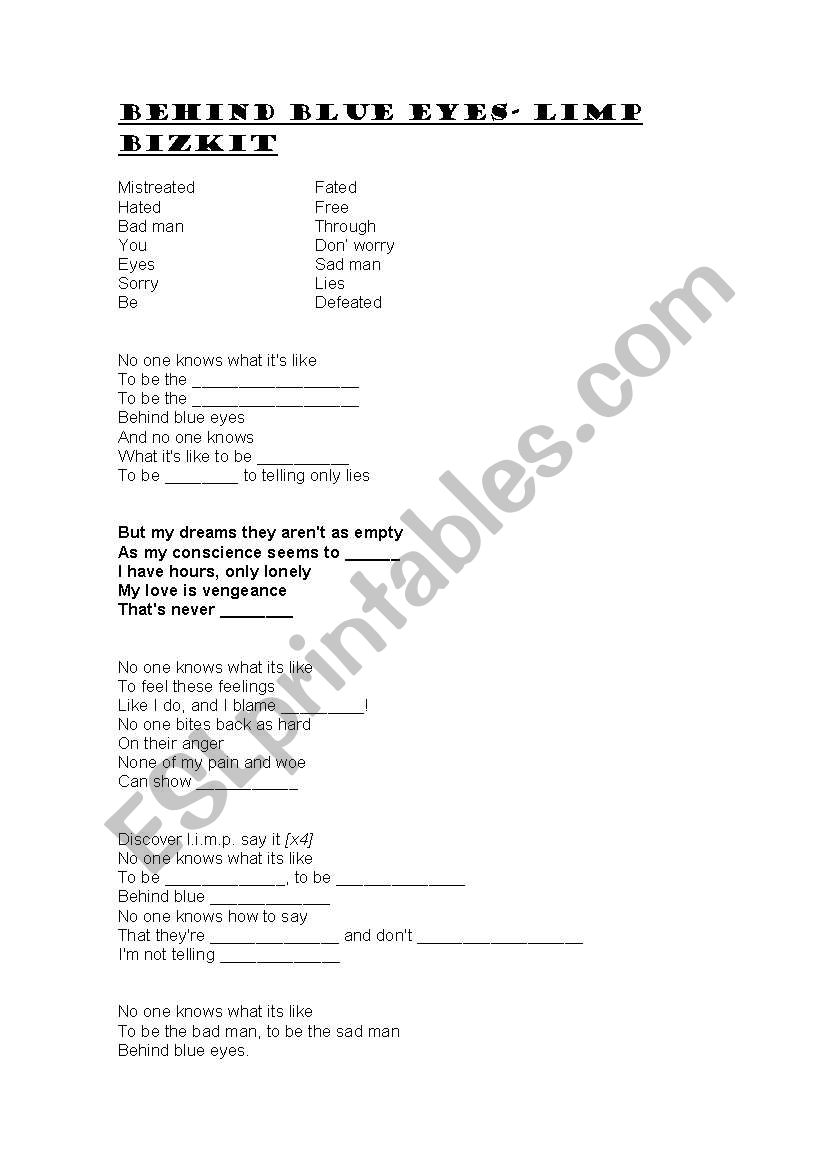 behind blue eyes worksheet