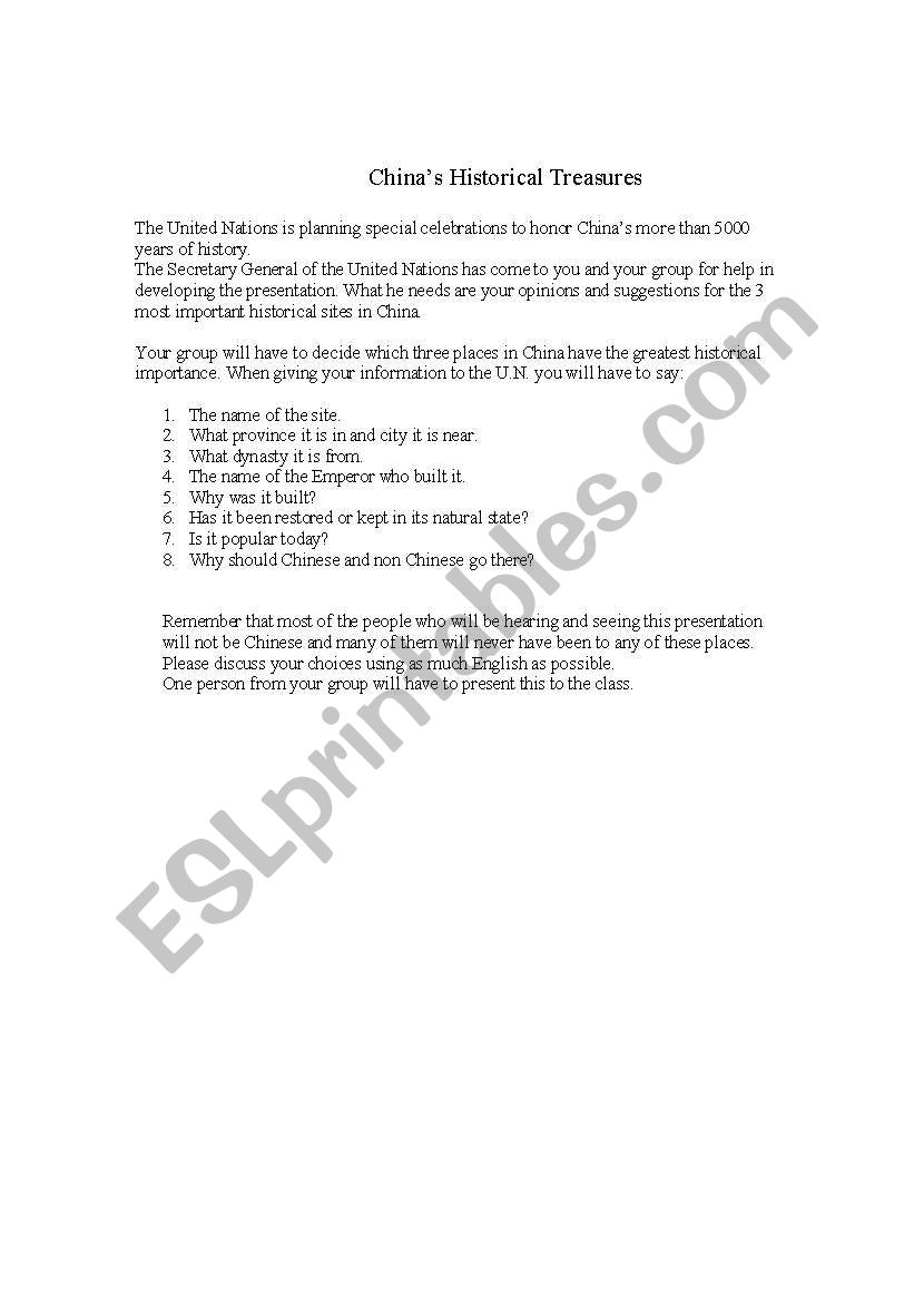 Chinas Historical Treasures worksheet